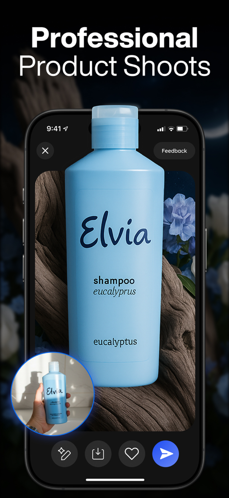 Un smartphone que muestra la interfaz de la aplicación IA DaVinci generando una sesión de fotos de producto profesional a partir de una simple foto de una botella de champú.