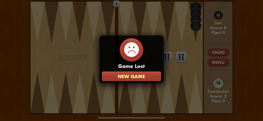 Backgammon Pro screen showing a Game Lost message and New Game button.