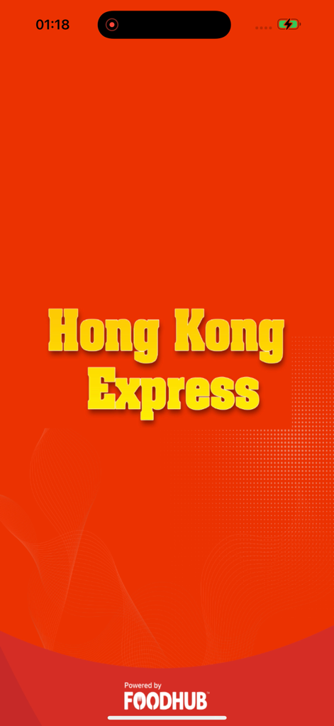 Hong Kong Express - Tela de abertura do aplicativo de entrega de comida Hong Kong Express com logotipo amarelo sobre fundo laranja