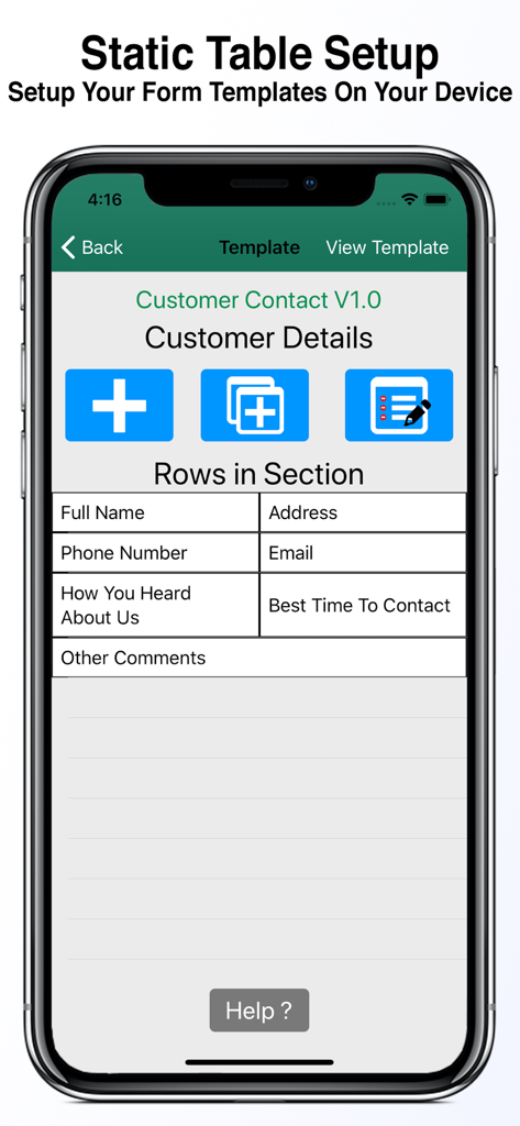 Interface do aplicativo Forms para configurar um modelo de formulário personalizado em um iPhone.