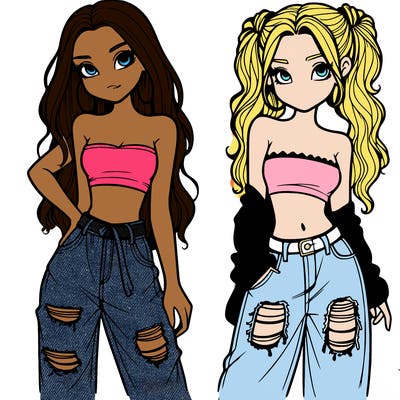 2 girls in crop tops and baggy jeans ripped