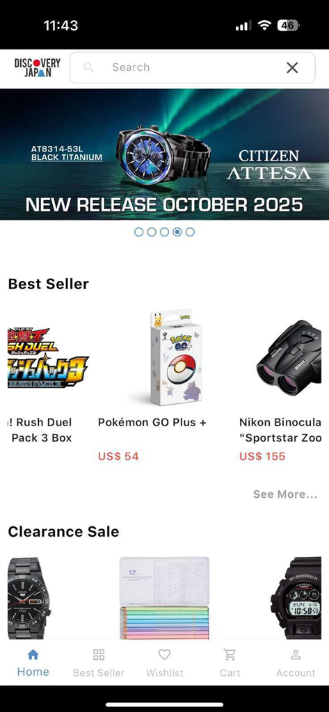 Discovery Japan Mall app home screen featuring Japanese brand products like Citizen watches and Pokemon toys