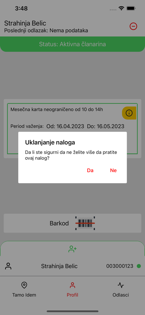 Spotted RS app profile page showing membership status and an account removal confirmation popup
