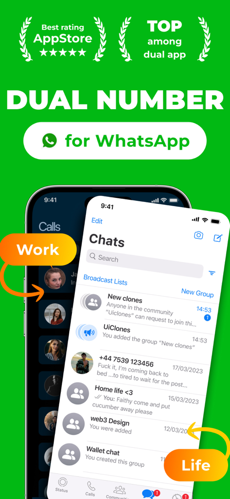 The dual messenger App - Captura de pantalla de la aplicación Dual Messenger mostrando dos cuentas separadas de WhatsApp para la vida laboral y personal en un solo iPhone
