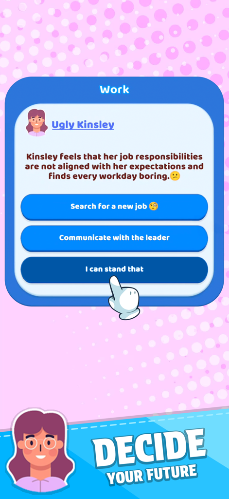 Family Life! - A character in the Family Life mobile game making a career decision from a choice menu.