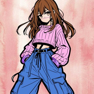 anime teen girl with baggy pants and crop top with sweater