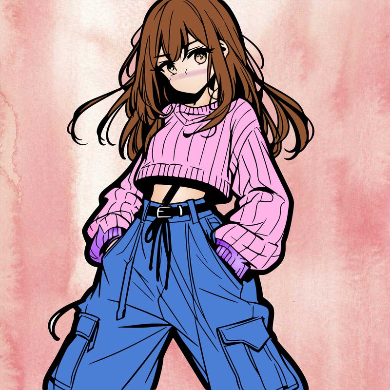 anime teen girl with baggy pants and crop top with sweater