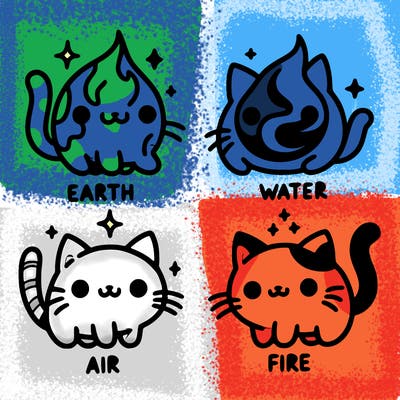 4 cats that represent the different elements, earth, water, air, and fire