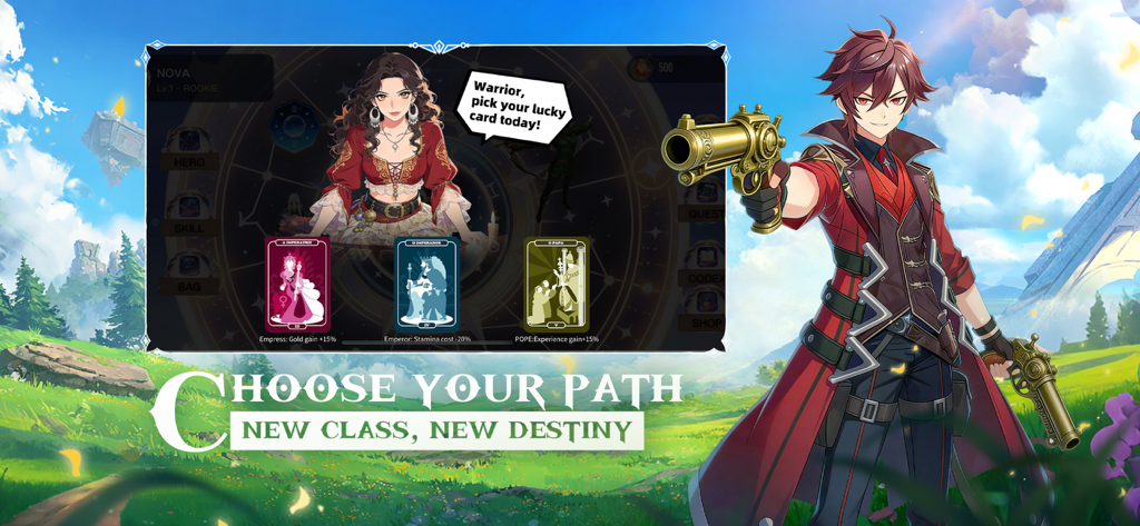 Tales of Mecha - A red haired character holding golden pistols next to a lucky card selection menu in Tales of Mecha