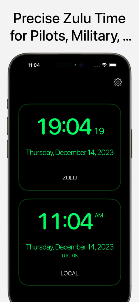 iPhone screen showing Zulu Time Now app with synchronized Zulu and local time displays in green text on a dark background