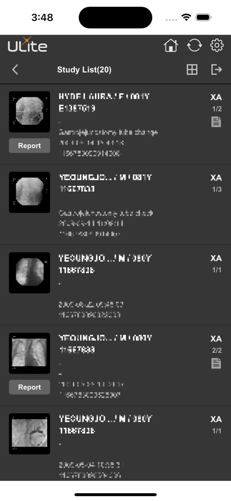 ULite - Interface of the ULite app showing a list of medical imaging studies and patient reports