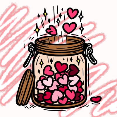 a jar filled with glowing hearts slowly opening and releasing them.