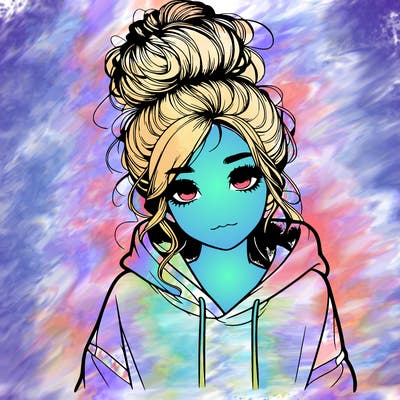 realistic girl with a massy bun and a hoodie