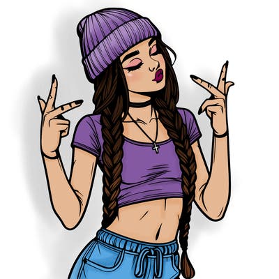 realistic teenage girl with braids and a beanie and crop top doing 🫶🏼