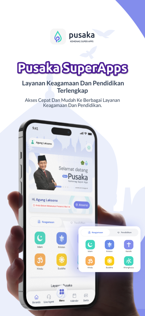Pusaka Kemenag Super App home screen displaying multi-faith religious and educational service icons