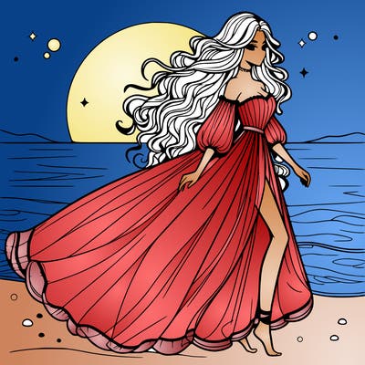 beautiful woman with a vaporous long dress walking on the beach at the noon, detailed art