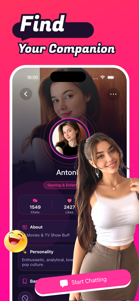 Pantalla del perfil de personaje virtual de la aplicación Velvo mostrando rasgos de personalidad y un botón para empezar a chatear.