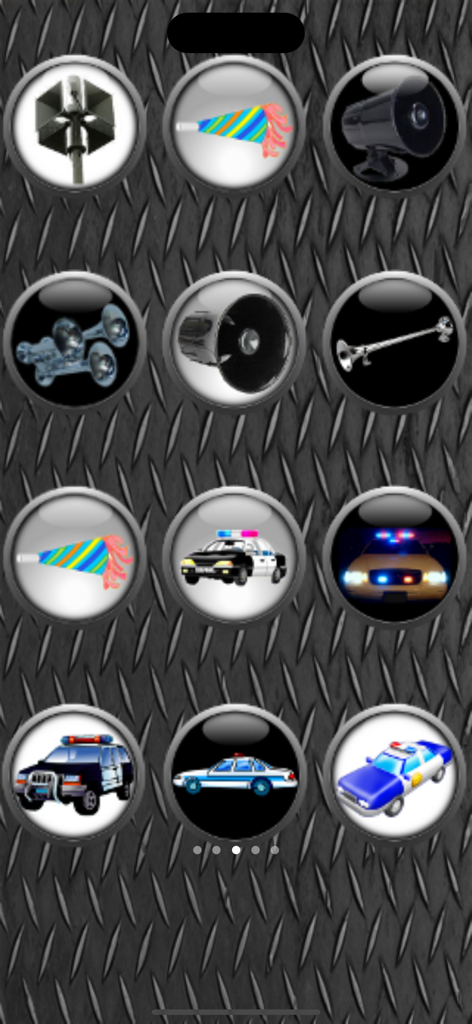 Horns and Sirens - A mobile app interface showing a grid of circular buttons for various horns and siren sounds like police cars and air horns on a diamond plate background.