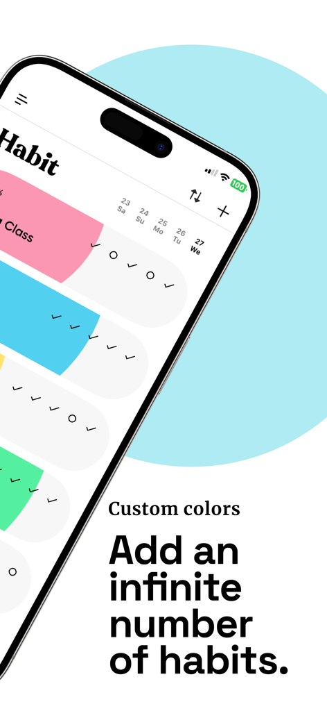 Habit Tracker - Habitica - Interfaz minimalista del rastreador de hábitos de iOS que muestra categorías de hábitos coloridas y una lista de verificación de progreso diario