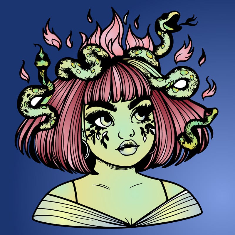 a plus size girl with short hair and snakes coming off her head like medusa, and flames in her eyes, beautiful and realistic
