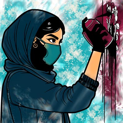 realistic girl with mask spray painting a wall