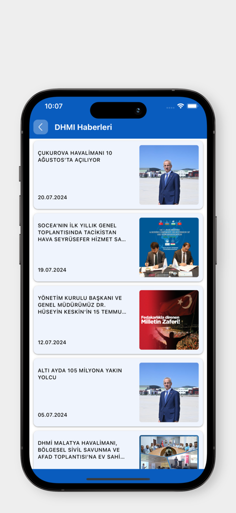 DHMİ Uçuş Rehberim - The news feed of the DHMI Flight Guide app showing official updates and information about airports in Turkey