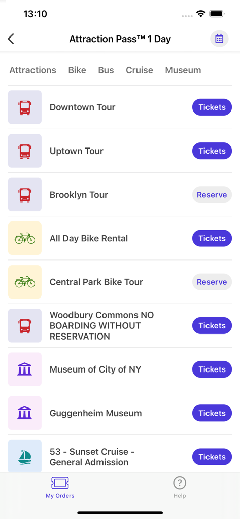 TopView Redeem app screen displaying available NYC tours and museum tickets
