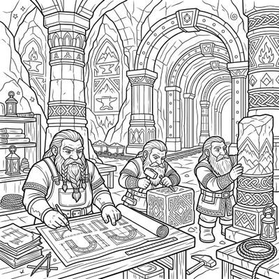Journey into the heart of the mountains with our Dwarf Architects coloring page, showcasing master builders crafting their magnificent underground realm. Discover intricate details and bring this epic scene to life with your favorite colors.