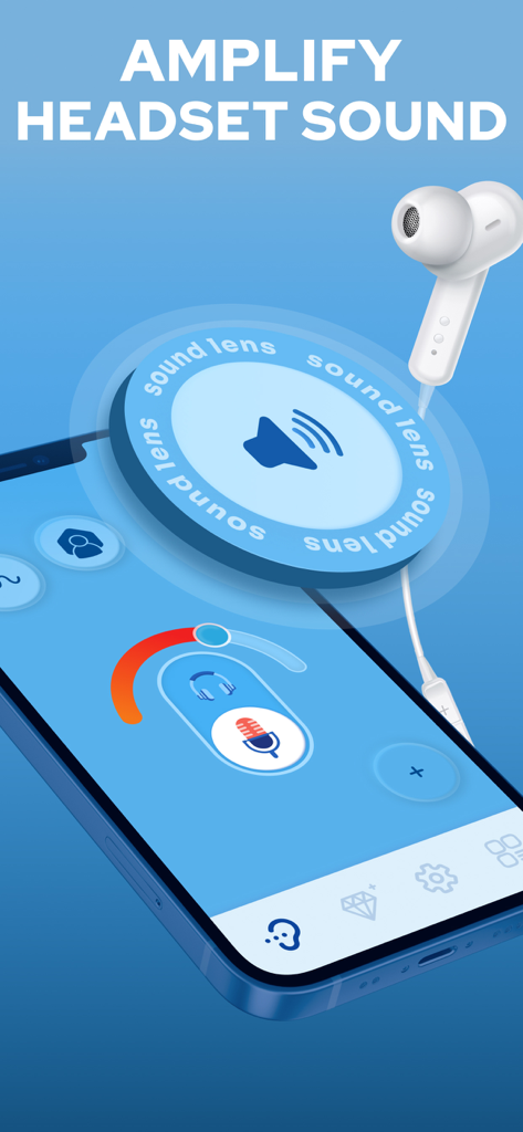 Interface of a hearing aid app on a smartphone showing sound amplification features for earbuds