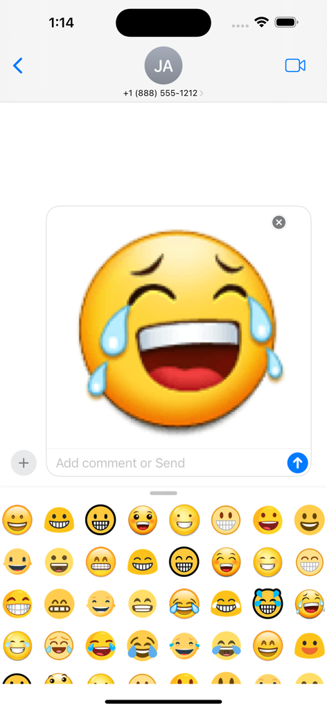 A messaging interface showing a large laughing emoji sticker and a tray of various smiling emoticons
