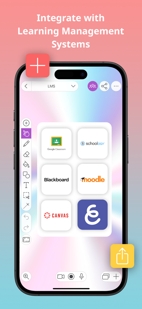 Explain Everything Whiteboard - Explain Everything Whiteboard app interface showcasing integration with LMS platforms like Google Classroom Canvas and Blackboard