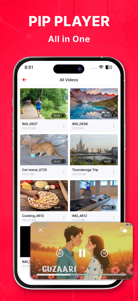 La aplicación PIP Video Player mostrando una ventana flotante sobre la biblioteca de videos.