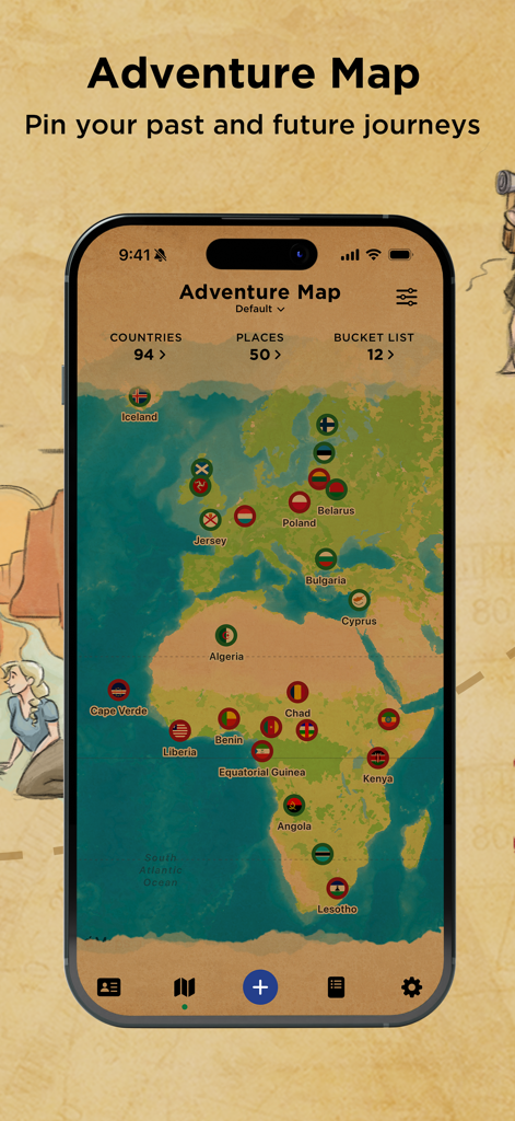 Mappa avventure interattiva nell'app Bucket List che mostra viaggi segnati in diversi paesi.