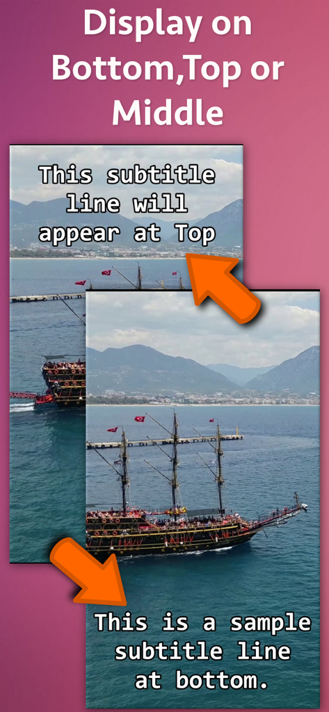 Video Subtitle Hardcoder - A demonstration of subtitle placement at the top and bottom of a video frame within the app.
