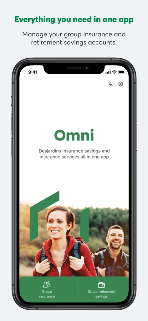 Omni by Desjardins - Welcome screen of the Omni by Desjardins app for managing group insurance and retirement savings