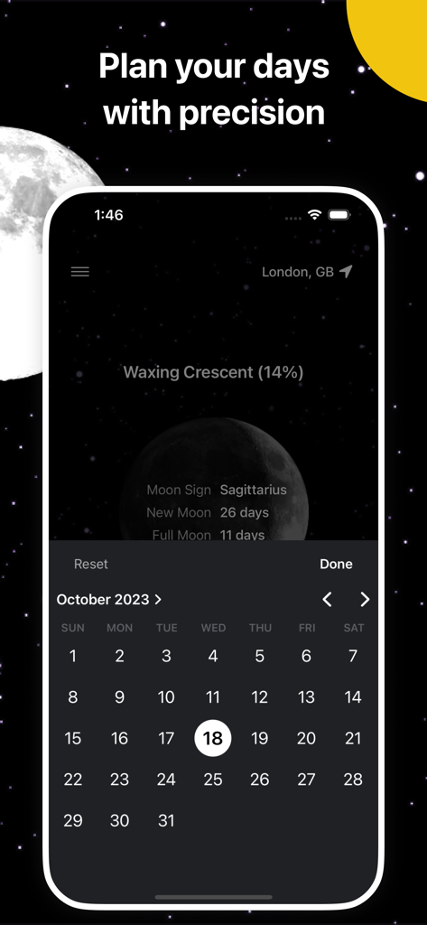 Moon Phase: Lunar Calendar - Una pantalla de smartphone que muestra el calendario mensual de la aplicación Fase Lunar con detalles lunares y una fase de creciente menguante.