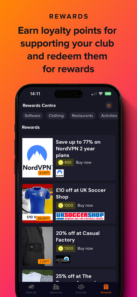 FanHub - FanHub app rewards screen showing loyalty points redemption for discounts on soccer gear and services