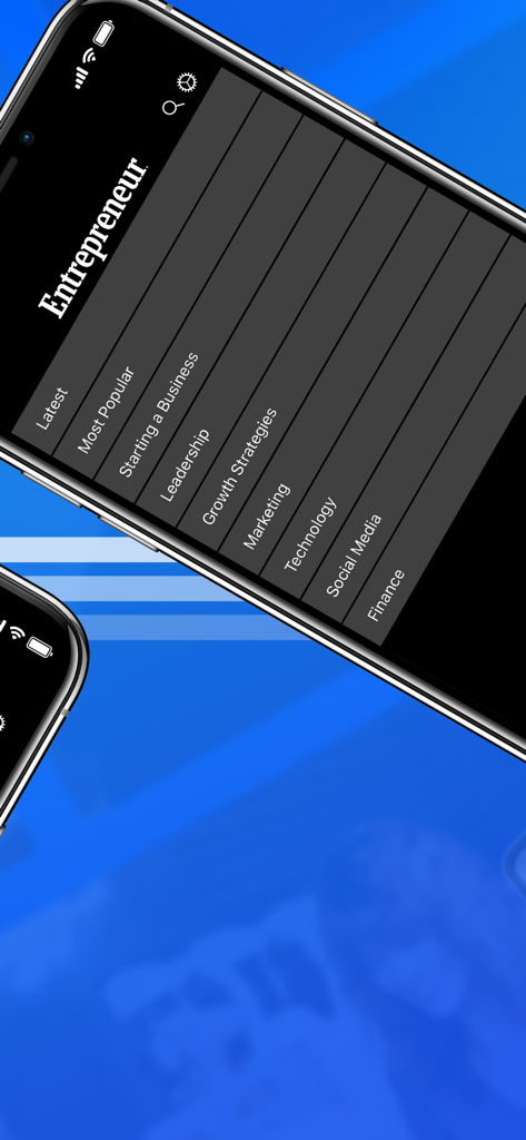 Entrepreneur Magazine - Smartphone che mostra il menu di navigazione dell'app Entrepreneur Magazine con categorie di business come Strategie di Crescita e Leadership.