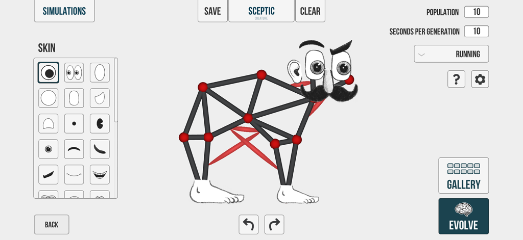 Interface of Evolution Learning Creatures showing a skeletal creature being built with customized skin features