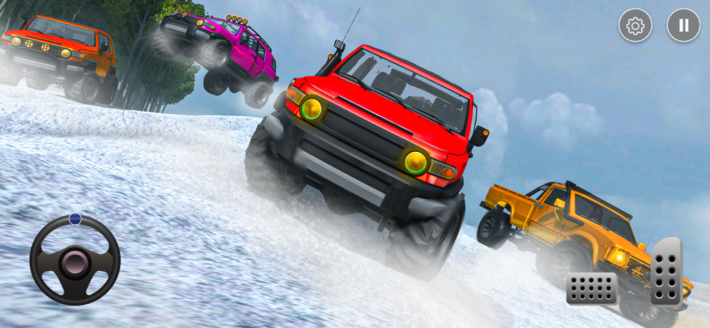 Offroad Pickup Truck Driving - Coloridas camionetas todoterreno 4x4 conduciendo y saltando en una colina nevada en un juego de simulación todoterreno
