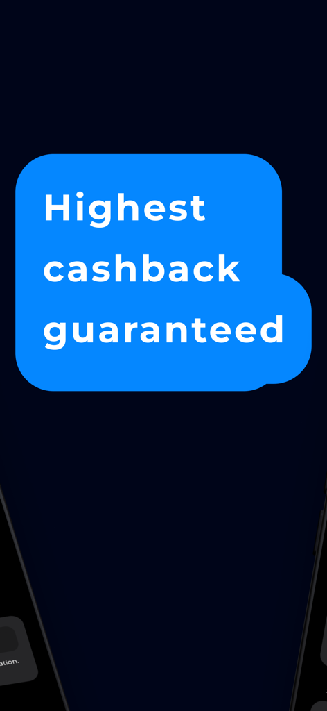 CashBack ZOZI: money back - Un gráfico azul que indica Cashback más alto garantizado sobre un fondo oscuro para la aplicación de compras móvil ZOZI.