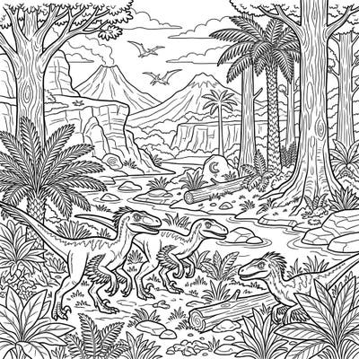 Dive into the ancient world with this exciting Velociraptor habitat coloring page. Capture the thrill of the Cretaceous period as you bring these swift predators and their lush environment to life.