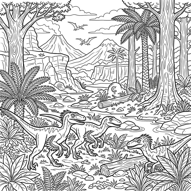Dive into the ancient world with this exciting Velociraptor habitat coloring page. Capture the thrill of the Cretaceous period as you bring these swift predators and their lush environment to life.