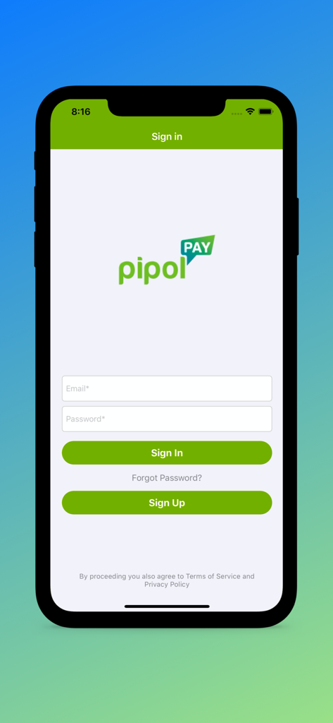 Pantalla de inicio de sesión y registro de la aplicación móvil Pipol Pay