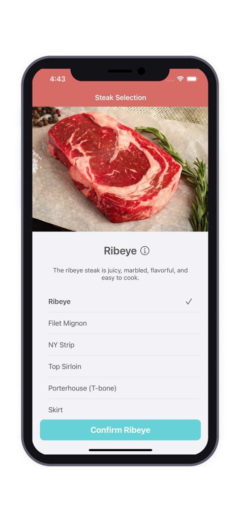 Interfaz de la aplicación Steak Timer mostrando la pantalla de selección de ribeye con una imagen descriptiva de la carne