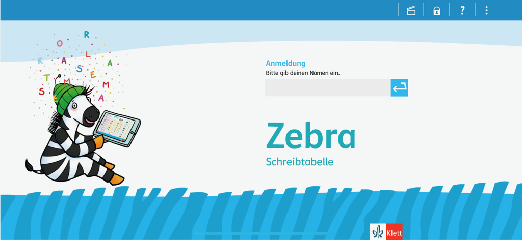 A tela de boas-vindas e login do aplicativo educacional Zebra Schreibtabelle com uma zebra de desenho animado