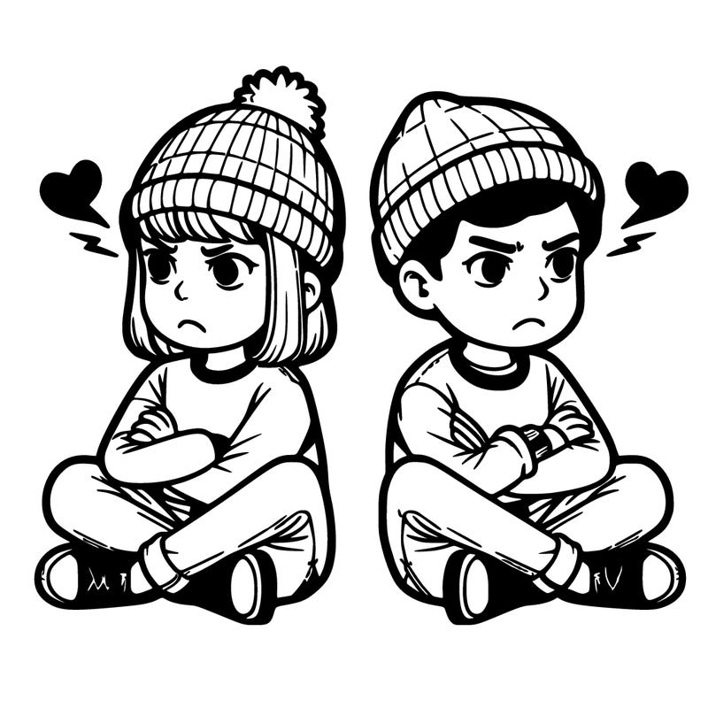 two realistic people sitting together that are mad at each other