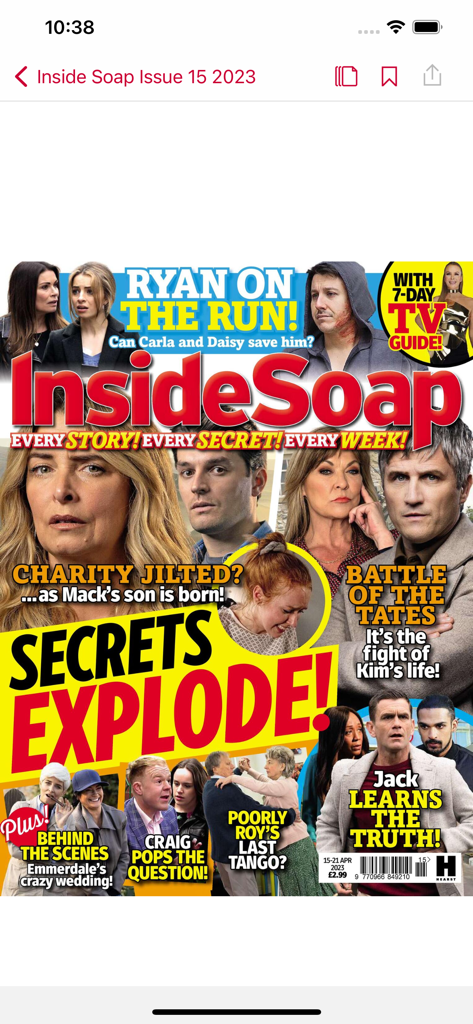 Digital cover of Inside Soap UK magazine with British soap opera headlines and spoilers.