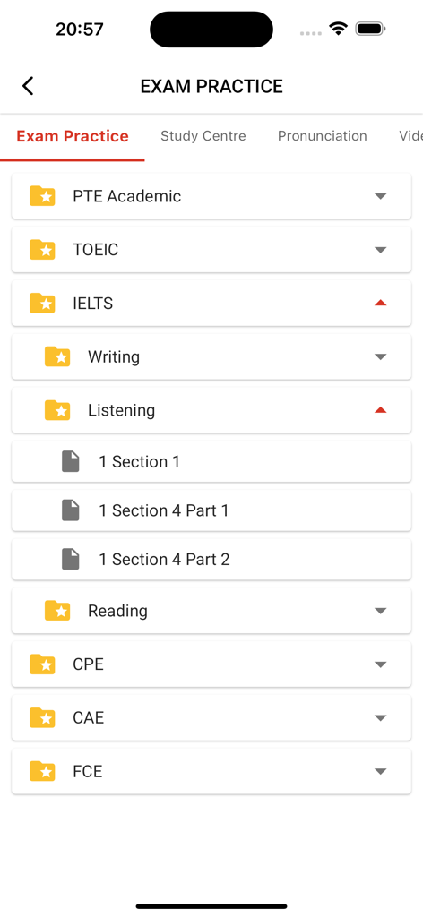 Learn English Listening: 6mins - Mobile app screen showing exam practice categories for IELTS TOEIC and PTE Academic English tests