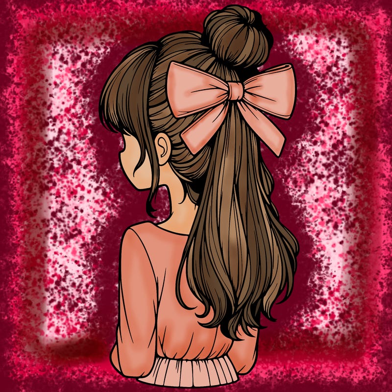 realistic girl  with hip length hair a bun and a big bow on the back of head